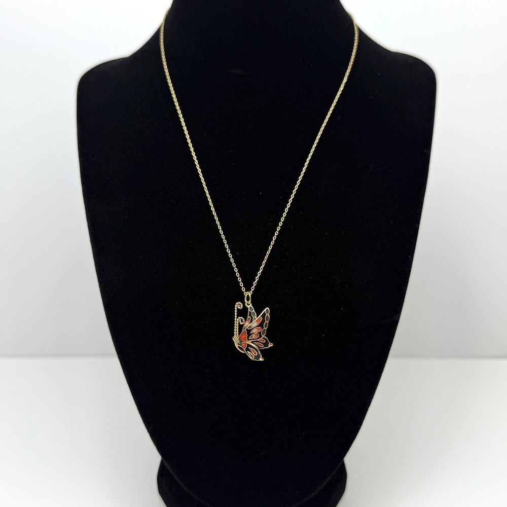 Vintage Style Enamel Butterfly Pendant Necklace Gold Tone Dainty Jewelry 9.5 in